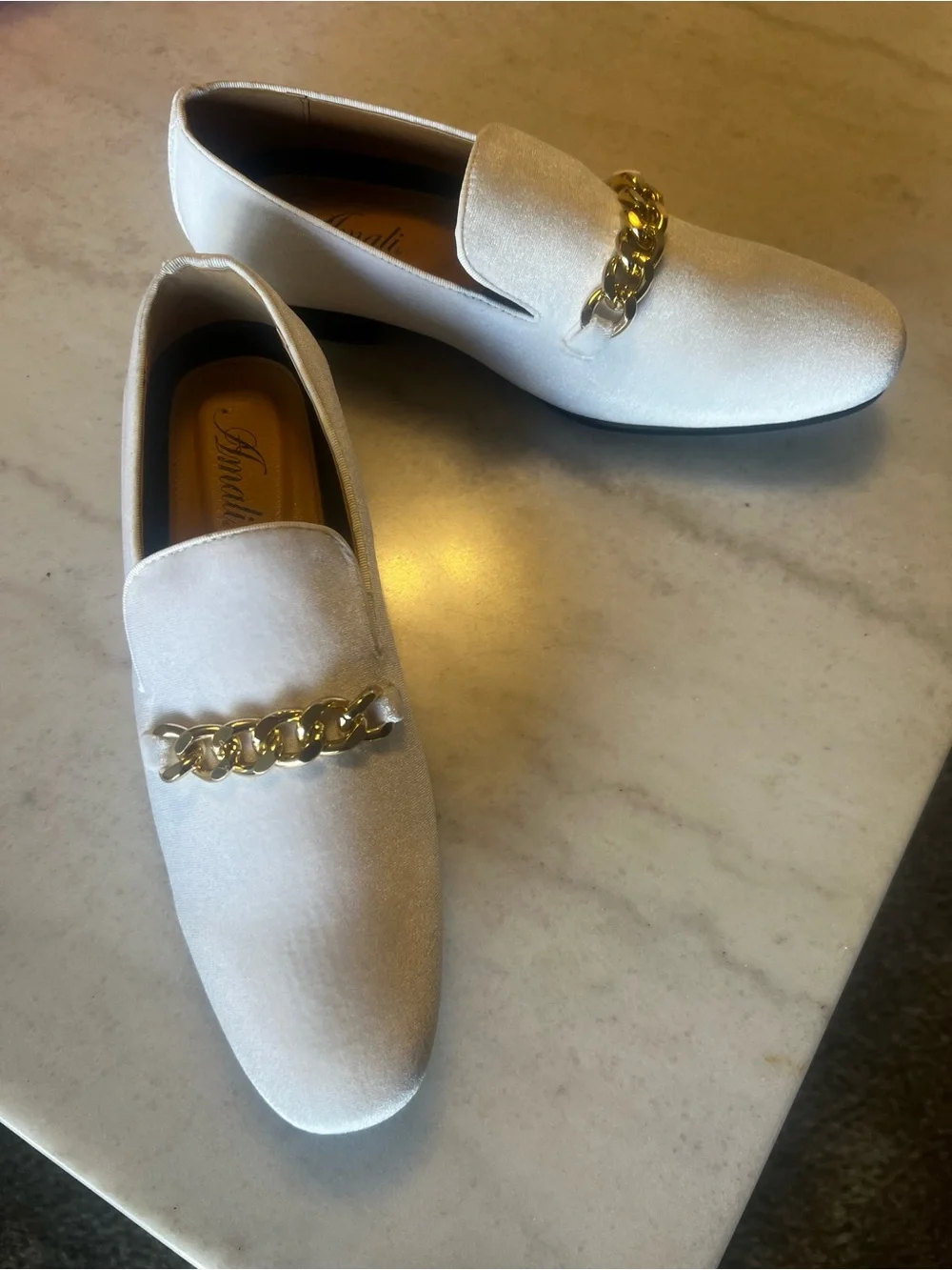 Amalfi White Velvet Loafers with Gold Chain Accent